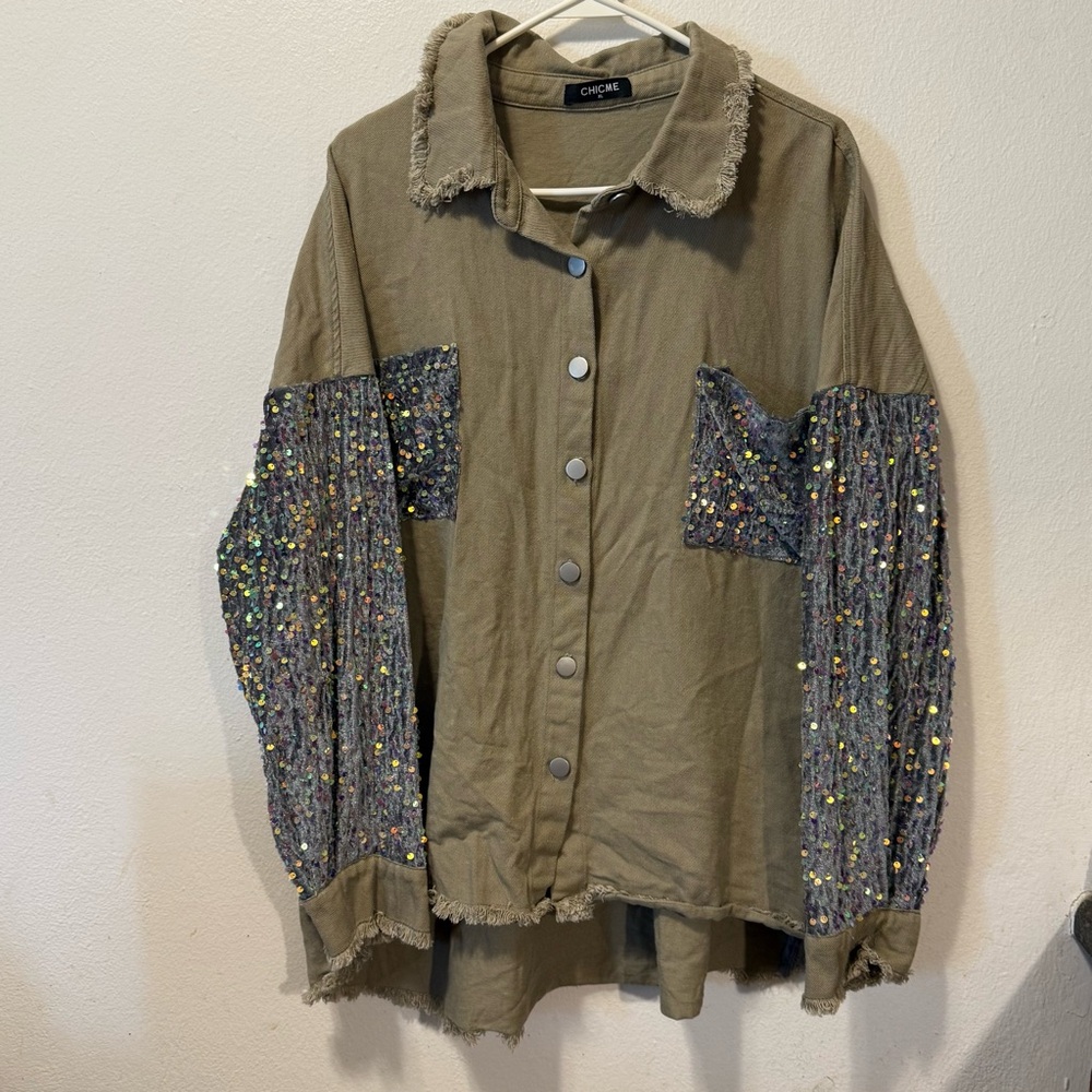 Chicme Olive Green Shirt With Sequin Detail Women's XL LongSleeve Pockets